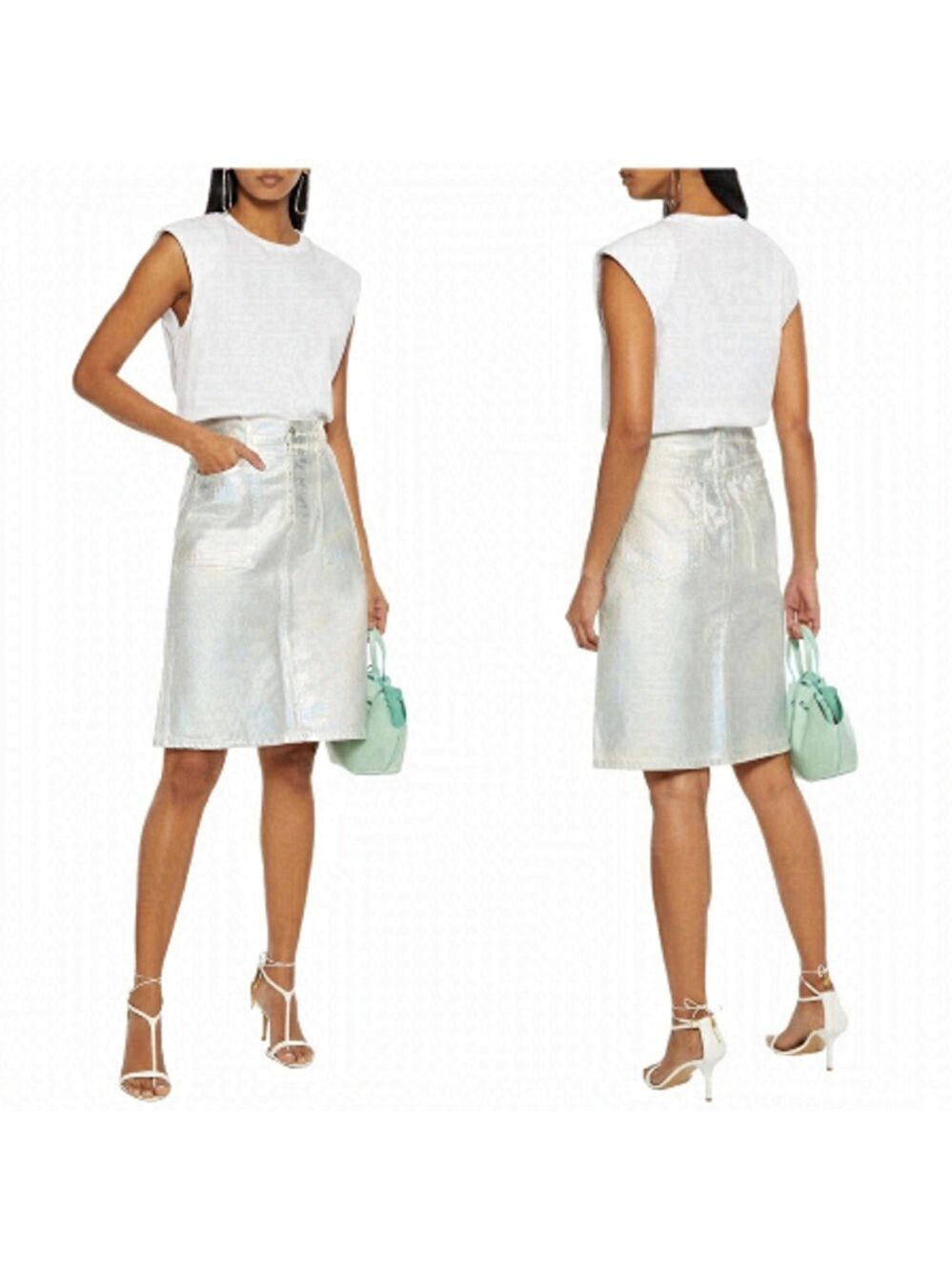 HELMUT LANG Iridescent Coated-denim High Waist Tailored Hip Silver Skirt